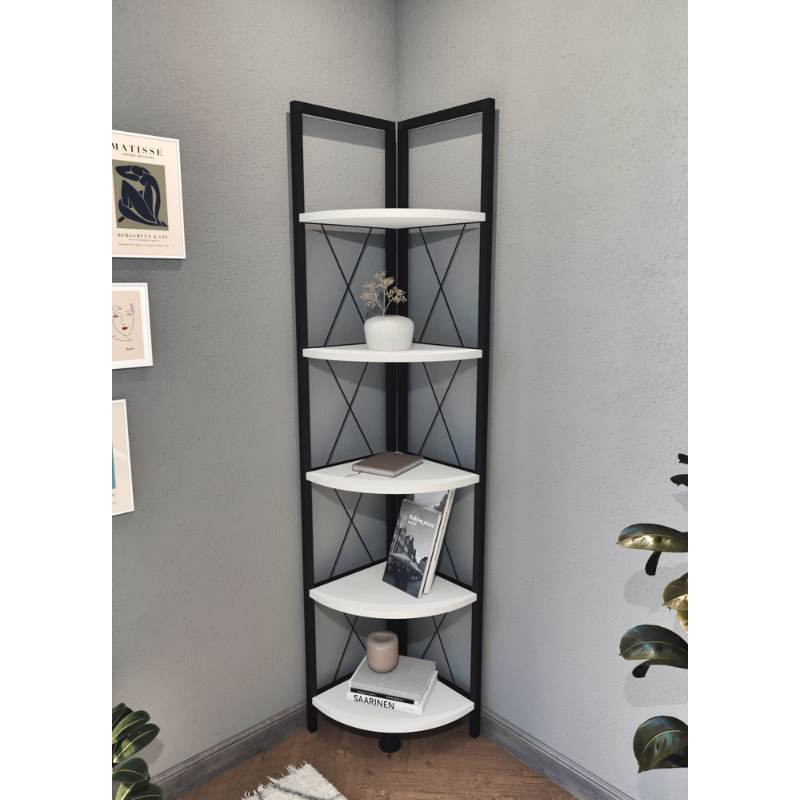 Metalna kutna polica za knjige s 5 polica - bijela boja